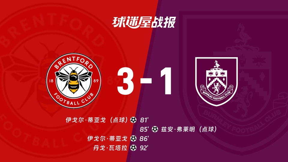 【英超】布伦特福德vs伯恩利比赛结果：布伦特福德(3-1)伯恩利比分战报(2025年11月29日)